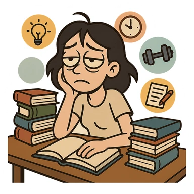 female with black hair, droopy eyes, surrounded by books and activity icons, flat toon style sticker