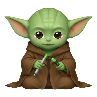 Baby Yoda con su tunica chocolate escribiendo sticker