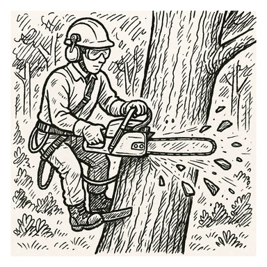 professional arborist cutting down a large tree with chainsaw, wearing safety helmet and protective gear. Scene includes detailed tree trunk, falling wood pieces, forest background, dynamic movement, and emphasis on expertise and safety in tree removal, black doodle sticker