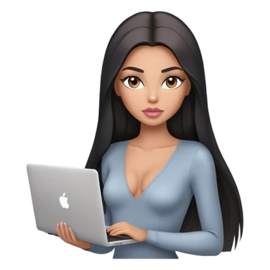 Glamours, tanned, very beautiful girl, with big pump peach-beige-rose lips, long lashes, black straight smooth silky long hair, straight parting hair, blue-grey eyes, in light-grey v-neck bodysuit holding MacBook sticker