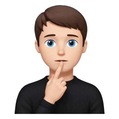 man in black knitted sweater in thinking pose, blue eyes brown hair, index finger touching his chin, eyes looking up to the top right sticker