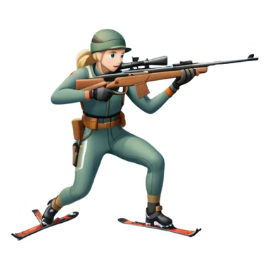 An icon showing a snowy landscape with pine trees, mountains, and a clear sky with a biathlete aiming a rifle in the foreground, wearing winter gear and skis. Transparent background emphasizes the precision, endurance, and beauty of this winter sport. sticker