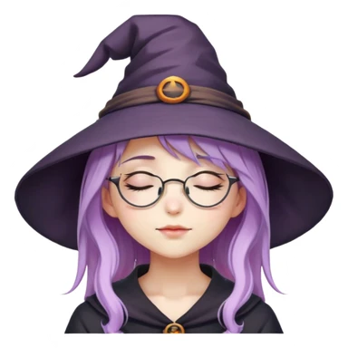 cute anime girl with closed eyes with lilac hair in witch hat and glasses sticker