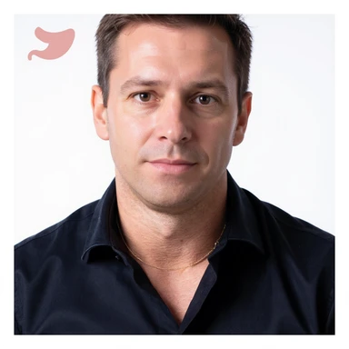 Vertical portrait, only the man's face in a realistic style with a determined gaze. Include symbols of a light stomach or stylized intestine next to the face to represent lightness and well-being during fasting. The atmosphere should convey lightness and wellness. sticker