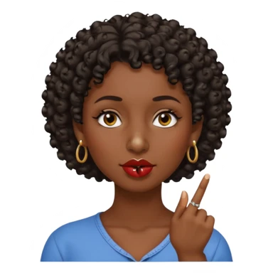 faça uma mulher com o cabelo curtinho cacheado com piercing no nariz e brincos e o dedo indicador no canto da boca morena, faça igual a segunda foto só que com o dedo na  boca mesmo  sticker