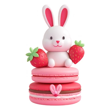 3D ios style macaron with strawberry and a bunny on top, pink color sticker