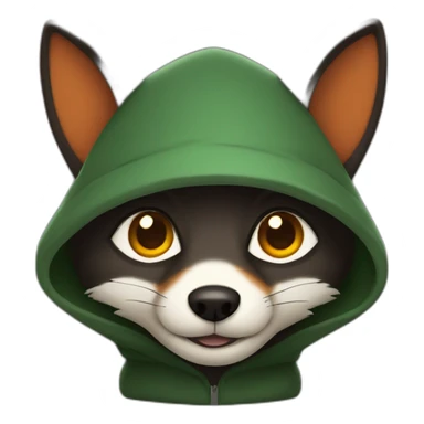 small dark brown fox with orange eyes and a dark green hood that smile sticker