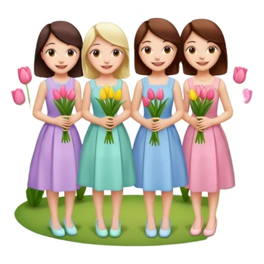 5 girls at a garden party wearing pastel dresses and holding tulips sticker