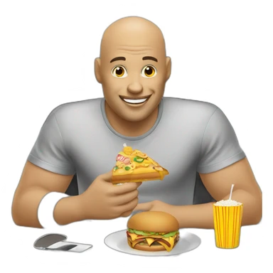 bald man eats junk food while sitting at the computer and is very happy sticker