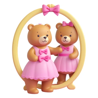 3D iOS-style bear with a pink bow and dress, looking at its reflection in a decorative mirror, pastel background, soft and rounded features sticker
