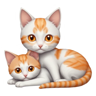 full body of very small + skinny ginger and white kitten with deep orange eyes and triangular shaped face lying down cuddling a grey and white kitten who is a bit bigger than him sticker