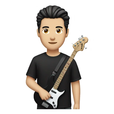  chinese guy with fair skin and man bun and black shirt and bass guitar sticker