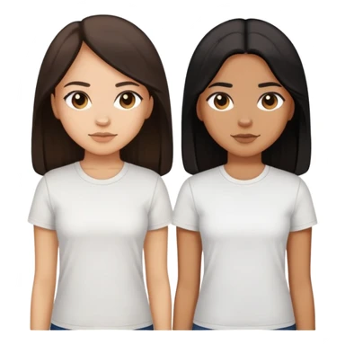 Sisters, light skin with dark brown long hair, tan skin black long hair, and tan skin dark brown short hair, white tee sticker