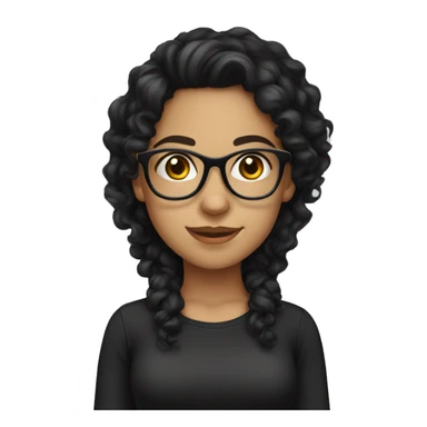 Pretty Hispanic girl with long black curly hair with glasses and black shirt sticker