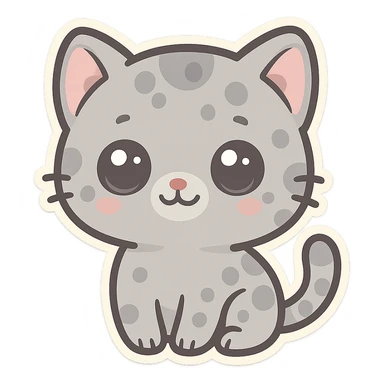 Cute emoji of a small gray cat with black spots, big shiny kawaii eyes, tiny pink nose, and a sweet smiling expression. Minimalist design, clean vector style, high resolution, soft pastel colors, with a transparent background. sticker