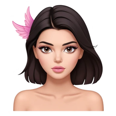 Kendall Jenner model, elongated face, long flowing dark hair, pink glossy lips, pink blush on cheeks, dramatic winged eyeliner, bare shoulders sticker