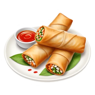 Spring Rolls Cinematic Realistic Spring Rolls Dish Emoji, depicted as 2 perfectly crisp spring rolls served with dipping sauce, rendered with lifelike textures and dynamic, appetizing lighting. sticker