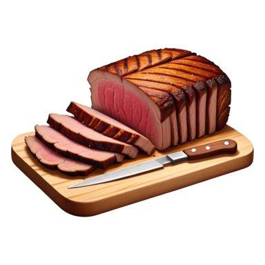 Cinematic smoked brisket, deep mahogany crust, perfectly sliced to reveal juicy marbled meat, warm smoky aroma, served on a wooden board, rich and flavorful, ultra-detailed and appetizing. sticker