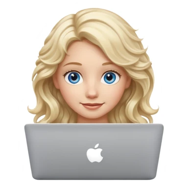 blond girl, blue eyes, hair wavy, , behind her silver colored laptop from apple, she looks straight infront of her, looks a bit taller sticker