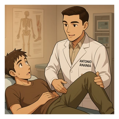 fai un webtoon manga a colori con questo stile, in cui un uomo è steso sul lettino medico e il kinesiologo con il camice bianco (fagli anche la scritta "ANTONIO ANANIA" SUL CAMICE, gli solleva una gamba per fargli il test neuromuscolare, IL KINESIOLOGO SPIEGA ALL'UOMO UNA cosa mentre gli alza la gamba. non fare i fumetti però, fai solo in modo che sembri stiano parlando sticker