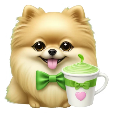 Pomeranian with a pink bow holding a matcha latte sticker