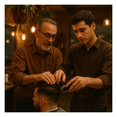 Inside a cozy barbershop with soft lighting, an experienced barber gently teaches his apprentice, guiding his hands as they cut hair together. The room is filled with warmth, plants hanging from the ceiling, and the hum of clippers sticker