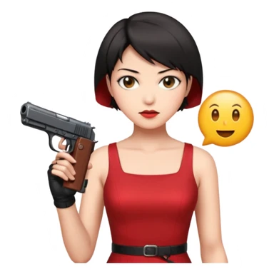 Ada Wong from Resident Evil, stylish woman with short black hair, wearing a red dress and holding a pistol, simple and expressive emoji style sticker