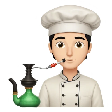 A white guy with black hair and smoking a modern hookah with a Chef's hat sticker