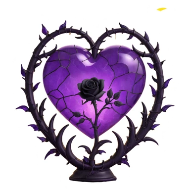 gothic heart made of purple glass with double crescent moons on each side, single black rose stem, branching lightning, gentle mist rain, mosaic cracked glass texture sticker