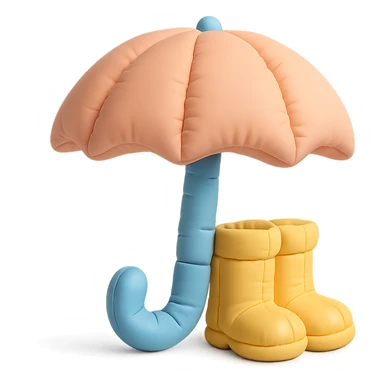 plush umbrella and rain boots, stylized and soft, playful colors, cushion style sticker