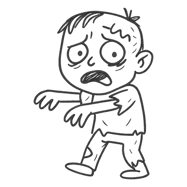 zombie boy, hand drawn black outline, expressive face, green skin, tattered clothes sticker