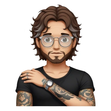 a man with brown wavy hair, black top, white skin, silver round glasses, tattoos sticker