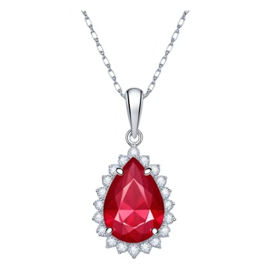 teardrop ruby pendant with silver chain and white stones, radiating luminous aura sticker