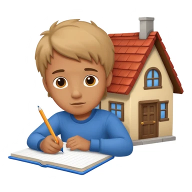 boy drawing little house character on notebook sticker