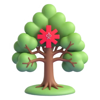 3D style full color tree with a small red medical plus in the middle, representing hospital or health sticker