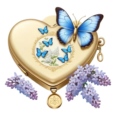 A golden locket, resting beside an ivory envelope sealed with a pearl wax stamp, is surrounded by delicate blue butterflies and cascading white lilacs. A vintage perfume bottle with intricate floral engravings sits nearby, its fragrance lingering in the air. sticker