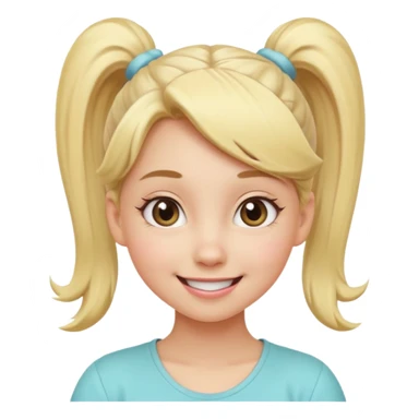 A playful blonde female cartoon character with wide, mischievous eyes, smiling, ponytail, dynamic pose suggesting movement, pastel colors, minimalistic and cute emoji style. sticker