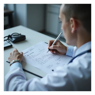 doctor filling out a prescription on letterhead, writing 'Dried pig thyroid', patient watching attentively, clinic environment, hyperrealistic 4K details sticker