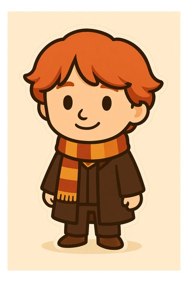 Full body illustration of Ron Weasley in a cute, cartoon, simplified style similar to the previous image: red hair, striped scarf, Hogwarts robe, friendly expression, bold black lines, and soft colors. sticker
