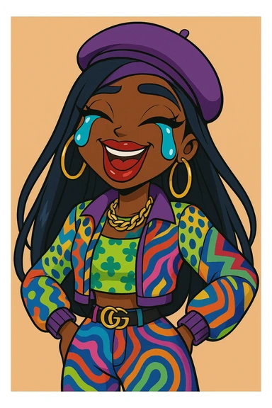 Change her outfit style to a bold, colorful fashion-forward look, keep her as a 20-year-old anime Bratz style woman with dark skin, dark hair, crying laughing expression, big expressive eyes, and glossy lips. sticker