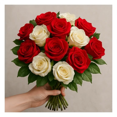 a hand-tied bouquet of red and white roses, vibrant and romantic, with green leaves sticker