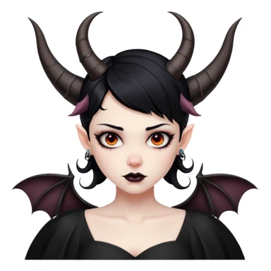 Demon girl, entire skin solid red, black hair, horns, bat wing, black dress, tattoo-flash comic. sticker