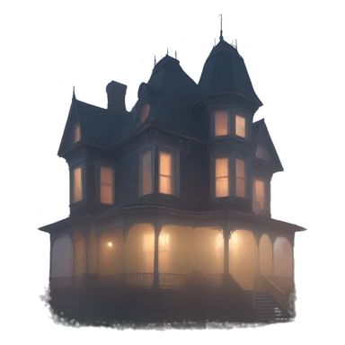 Wide view, A ramshackle Victorian mansion looms through dense fog at dusk  sticker