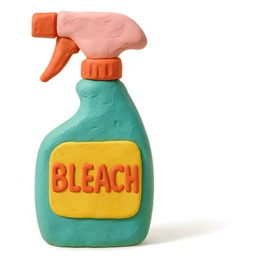bleach spray bottle in claymation style with a bold label, playful arrangement, pastel palette sticker