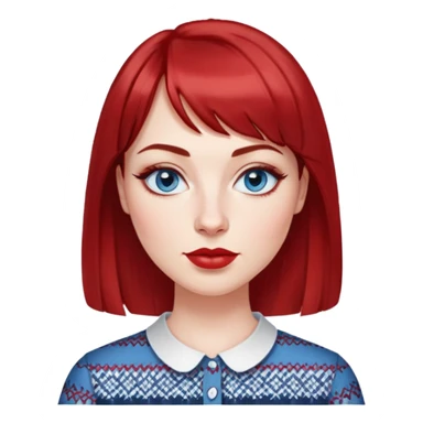 Woman in her 30s with clear white skin, oval face, large blue eyes with eyeliner, thin eyebrows, small nose, medium lips with red lipstick, dark red straight hair with bangs, wearing a red and white patterned shirt, friendly expression sticker