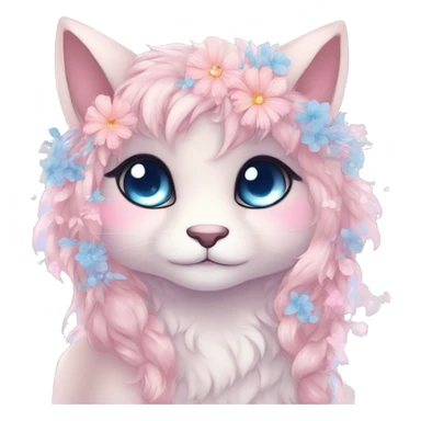 Anthro Cute Cool Blushing Pastel Innocent Shy Kawaii gorgeous sparkly ethereal fantasy anime animal creature with blue eyes furry sona with flowers and ribbons beautiful aesthetic sticker