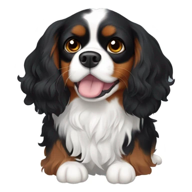 A small Cavalier King Charles Spaniel mix with black, wavy fur, white markings on the chest and muzzle, expressive eyes, and a fluffy tail. sticker