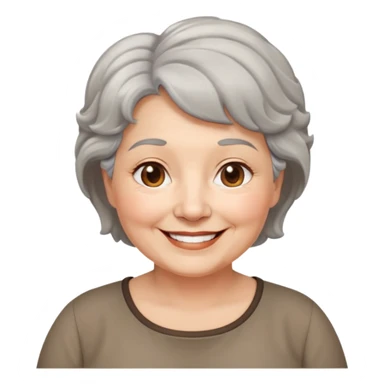 Bà lão 60 tuổi, da vàng, mặt bầu bĩnh, tóc ngắn màu bạc, tóc hơi xoăn, mặt cười tươi vui vẻ, áo nâu sticker