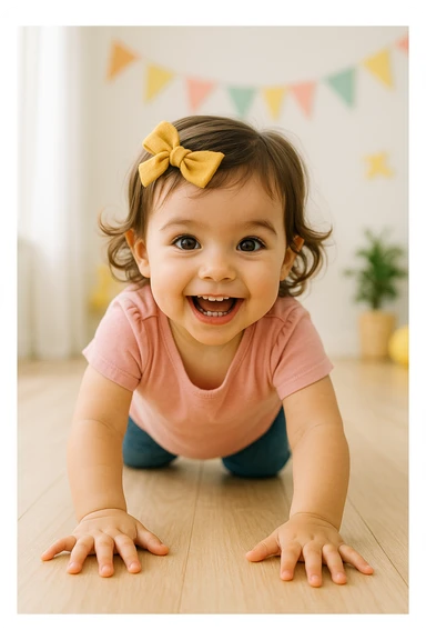 a young girl crawling toward the camera, playful, smiling, hands extended sticker