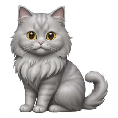 A 3D cartoon silver-gray British Longhair cat with flowing fur and soft reflections, calm sitting pose, Memoji-style rendering. full body or half body. sticker